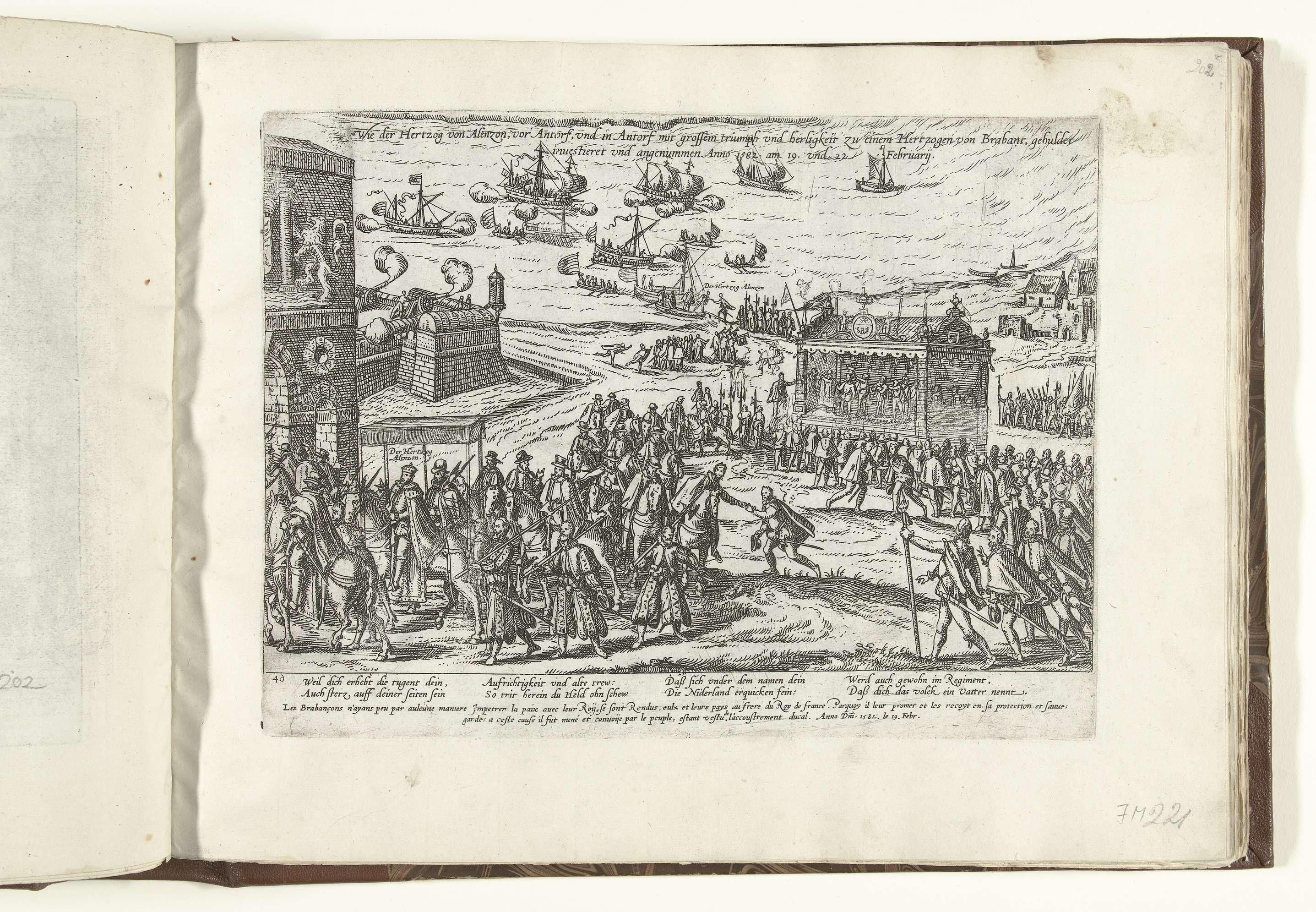 Offenes Buch mit einer Menschenmenge auf den Seiten illustriert, umgeben von Text und kleineren Bildern, die eine lebhafte Diskussion unter den Figuren darstellen.