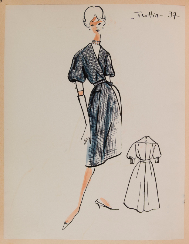 Eine Zeichnung einer Frau in einem Kleid im Stil der 1960er Jahre mit einem Kragen, langen Ärmeln und einem Rockschoß, die mit ausgestreckten Armen und leicht geneigtem Kopf steht, mit dem Text «1960er Jahre» auf dem Papier.