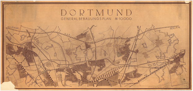 Ein detailliertes altes Stadtplan von Dortmund, Deutschland, der Stra├čen, Geb├Ąude und Landmarken mit Textanmerkungen zeigt.