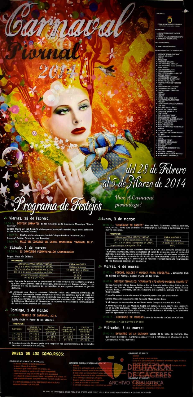 Plakat für das Karnevalsfest 2014 mit einer Frau in einem bunten Kleid, die in der Mitte strahlt, umgeben von schwarzem Text auf einem leuchtend gelben Hintergrund.