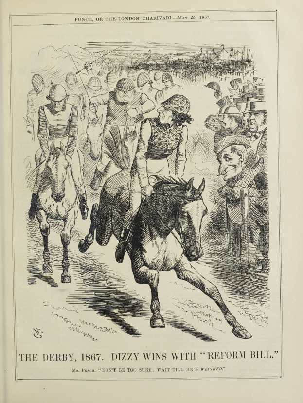 Buchumschlag mit einer Kastanienbraunen Stute mit weißer Blesse, schwarzem Schweif und einem Jockey in einem blauen und weißen gestreiften Hemd und roter Mütze, mit der Aufschrift "The Derby, 1867, Dizzy Wins with Reform Bill".