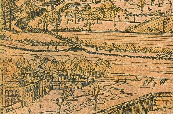 Ein detailliertes Stadtbild mit einer gewundenen Flusslandschaft, umgeben von üppigen grünen Bäumen und hohen, beeindruckenden Gebäuden, die eine friedliche Atmosphäre vermitteln.