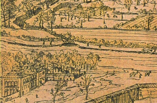 Ein detailliertes Stadtbild mit einer gewundenen Flusslandschaft, umgeben von üppigen grünen Bäumen und hohen, beeindruckenden Gebäuden, die eine friedliche Atmosphäre vermitteln.