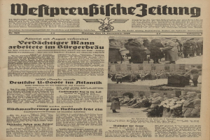 Schwarze Titelseite einer deutschen Zeitung vom 13. November 1939 mit der Schlagzeile 'Weitpreubliche Zeitung' und einem Foto von Menschen in traditioneller deutscher Tracht