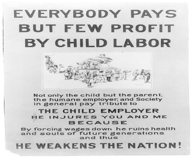 Schwarzes und weißes Plakat mit der Aufschrift "Jeder zahlt, aber wenige profitieren von Kinderarbeit" mit einer Gruppe von Menschen.