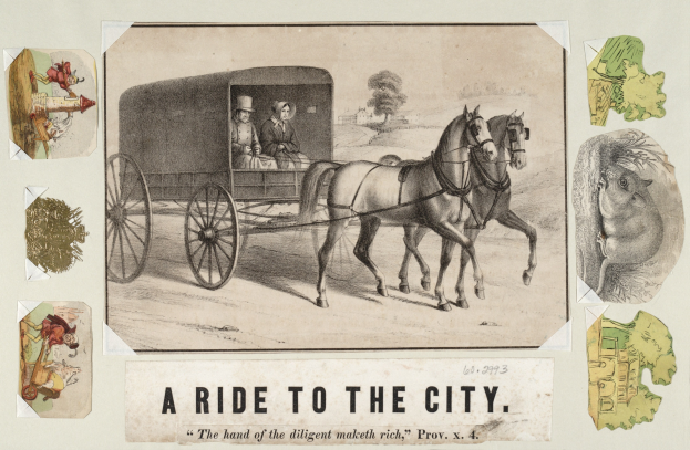 Ein von zwei Personen besetzter Kutschwagen mit Pferden im Hintergrund und dem Text "eine Fahrt in die Stadt" unten.