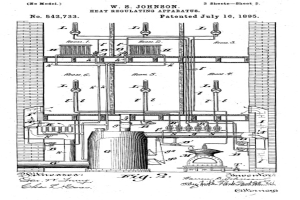 Ein detailliertes technisches Zeichnung aus dem Jahr 1885, das ein Heizungsregelgerät mit zahlreichen Rohren und Ventilen zeigt, begleitet von erklärendem Text.