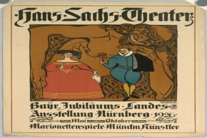 Plakat für das Hans-Sachs-Theater in München, Deutschland, das einen formell gekleideten Mann und eine Frau nebeneinander zeigt, vor einem tiefblauen Hintergrund mit Sternen.
