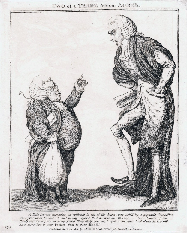 Schwarz-weiß-Zeichnung von zwei Personen, eine hält eine Tasche, mit Text "Zwei eines Handwerks Feldom Einigen"