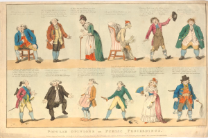 Papier mit gedruckten Bildern von Menschen und handgeschriebener Zusammenfassung öffentlicher Meinungen zu rechtlichen Verfahren.