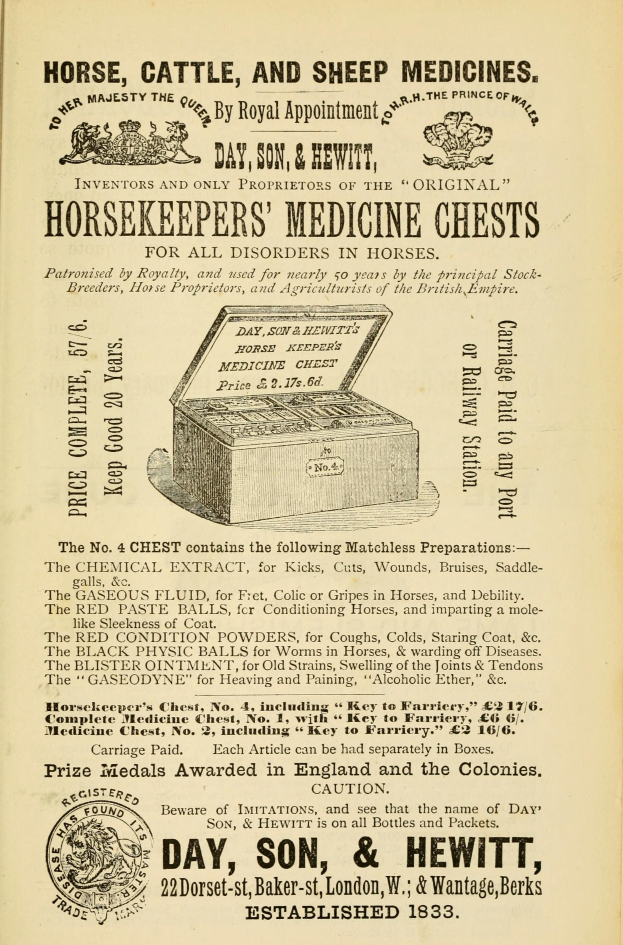 Ein altes Buch mit einem Coverbild eines Pferde-, Rinder- und Schafmedizinkastens, betitelt mit "Pferde-, Rinder- und Schafmedizin"