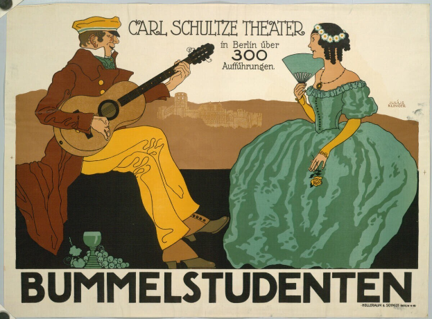 Plakat für ein Konzert im Carl-Schulze-Theater in Berlin, das einen Mann mit einer Gitarre und eine Frau mit einem Fächer zeigt, mit Text.