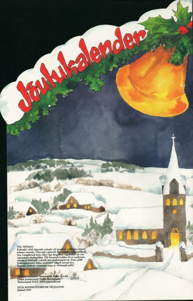Weihnachtskarten-Plakat zeigt verschneites Dorf mit Kirche im Hintergrund, eine Glocke an einem geschmückten Zweig und den Text "Joulukalender".