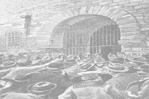 Schwarz-weiß-Zeichnung einer Menge vor einer Backsteinwand mit Fenster und Gittern, mit Text unten: "Victor Hugo Münsters Hinrichtung im Gefängnis 1892".