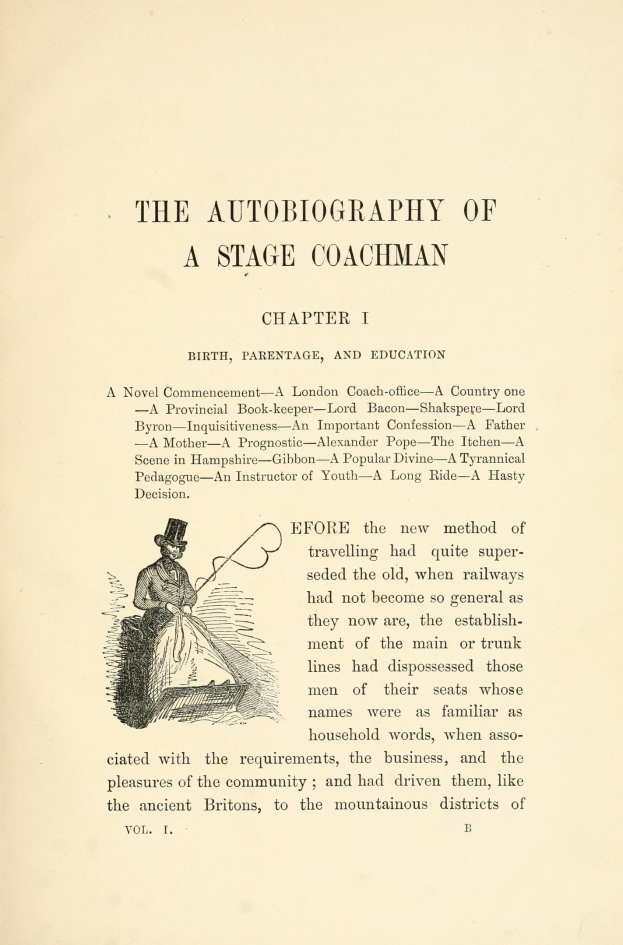 Offenes Buch mit dem Titel "Die Autobiografie eines Kutschers" zeigt eine Zeichnung eines strengen Kutschers in einem Anzug, Hut und mit einer Peitsche und einem Buch in der Hand.