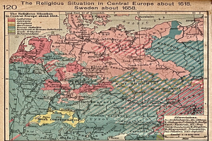 Posterkarte von Mitteleuropa aus dem Jahr 1618, die die religiöse Landschaft zeigt und mit erklärendem Text versehen ist.