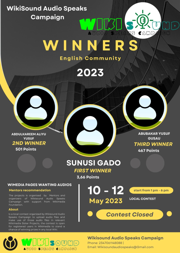 Buntes Plakat mit blauem Hintergrund und gelb/weißer Schrift, die in fetten Großbuchstaben "Gewinner" lautet und strahlende Menschen zeigt, die den Wahlkampf-Gewinnern zujubeln.