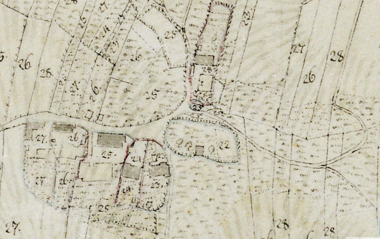 Detailierte alte Stadtkarte mit nummerierten Gebäuden, Straßen und Text, die eine vorgeschlagene Entwicklungsfläche am unteren Rand zeigt.