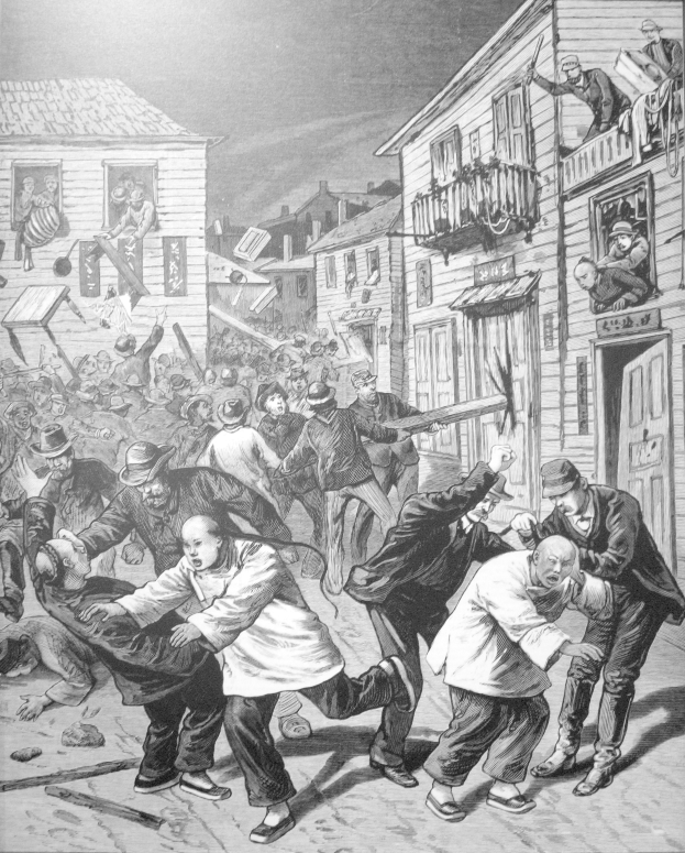 Schwarze und weiße Illustration einer Straßenszene, die eine Gruppe von Menschen zeigt, einige halten Gegenstände, mit Gebäuden und Balkonen im Hintergrund, betitelt mit "Der Massaker der Stadt London."