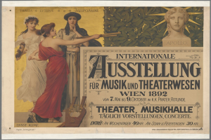 Ein Plakat für die Internationale Ausstellung für Musik und Theaterwesen in Wien, Österreich, das eine Gruppe von Menschen zeigt, die in einem Kreis stehen, wobei eine Frau in der Mitte ein Musikinstrument hält, sowie Text, der eventuelle Informationen bereitstellt.