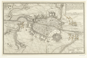 Detailierte alte Karte von Tours, Frankreich, die Straßen, Gebäude und Sehenswürdigkeiten zeigt, mit begleitendem Text über die Bevölkerung und bemerkenswerte Merkmale der Stadt.
