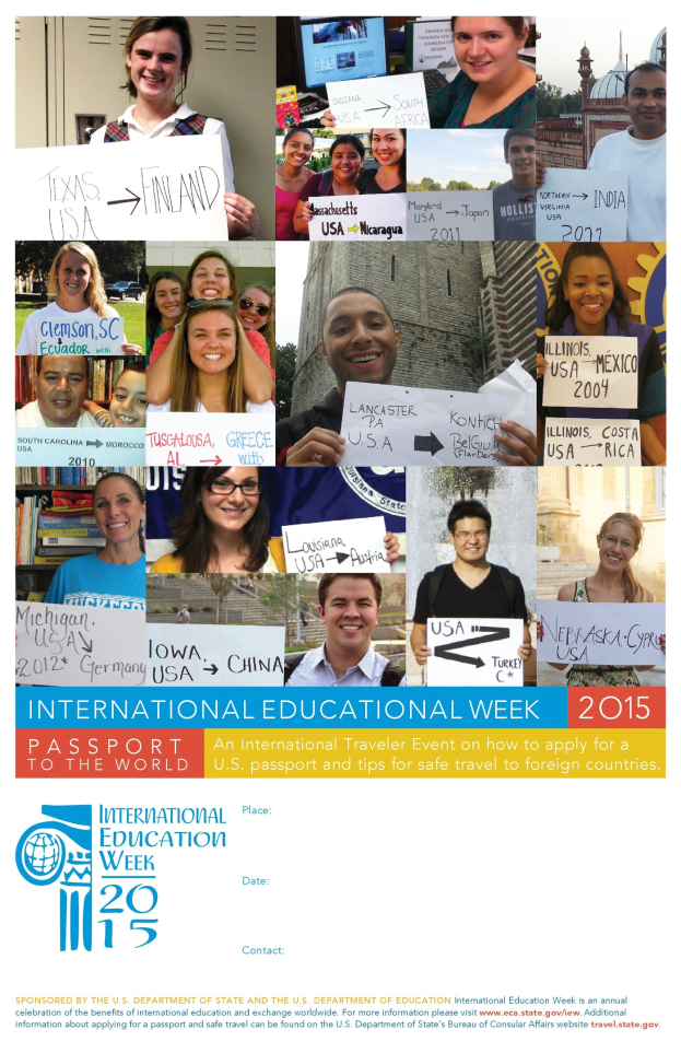 Internationaler Bildungswoche 2015-Plakat mit einer Gruppe strahlender Menschen, die Schilder mit texten zur Veranstaltung halten.