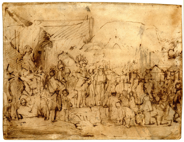 Eine Bleistiftzeichnung, die eine vielseitige Menschenmenge in einer Stadt zeigt, wobei einige stehen und einige sitzen.