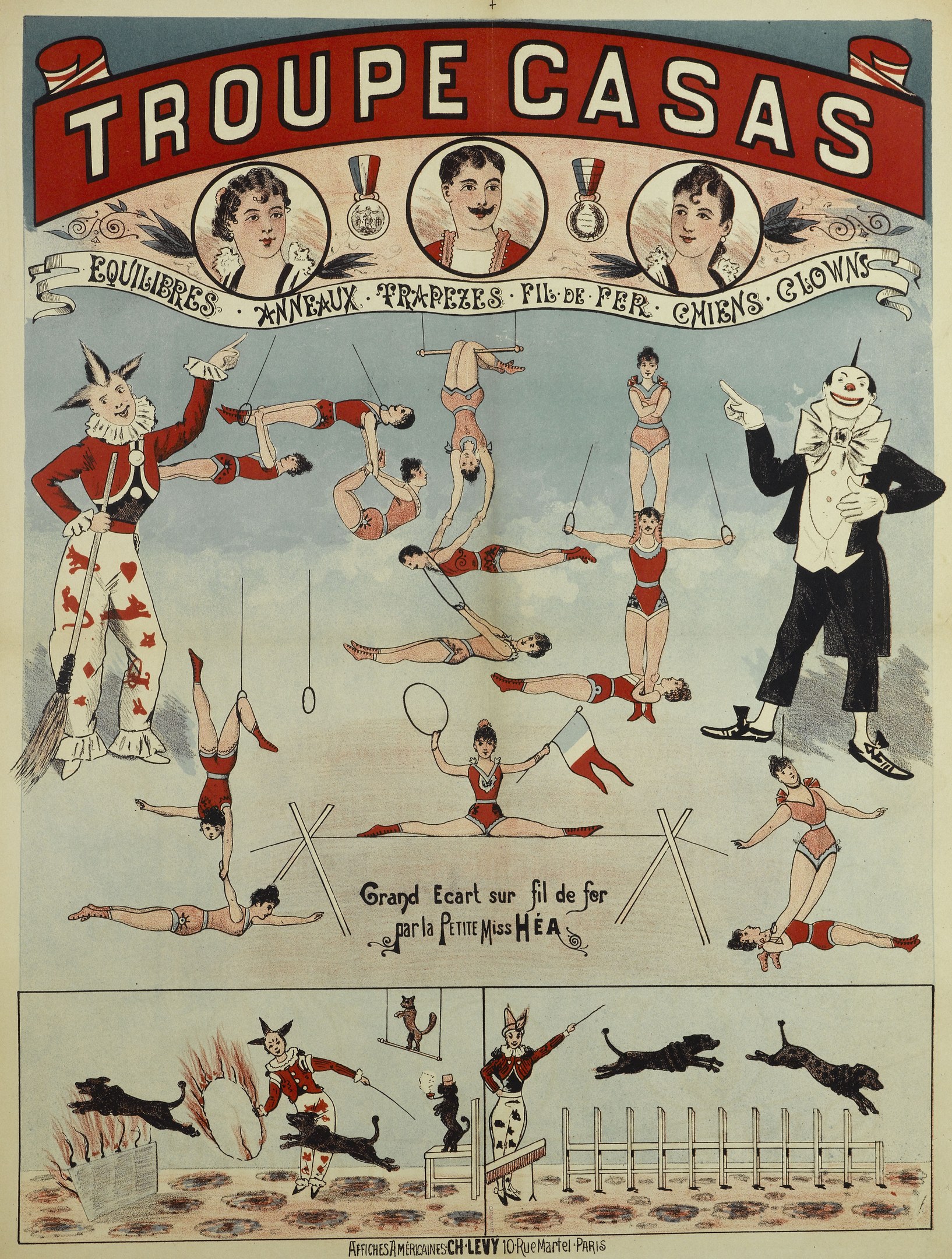 Plakat, das die 'Troupe Casas'-Zirkusgruppe in Paris ankündigt, mit Künstlern in farbenfrohen Kostümen und Masken neben Tierbildern.