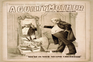 Plakat mit einem Mann, der vor einem Spiegel steht, mit einem Stuhl und einer Pflanze im Hintergrund, Text lautet "Eine schuldige Mutter - Du bist in deiner zweiten Kindheit."