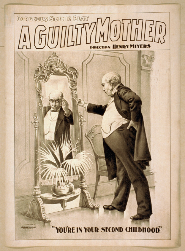 Plakat mit einem Mann, der vor einem Spiegel steht, mit einem Stuhl und einer Pflanze im Hintergrund, Text lautet "Eine schuldige Mutter - Du bist in deiner zweiten Kindheit."