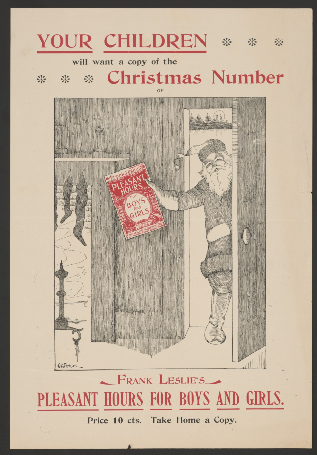 Plakat mit einer Person, die ein Buch und eine Tür hält, mit der Aufschrift "Ihre Kinder werden eine Kopie der Weihnachtsnummer haben wollen."