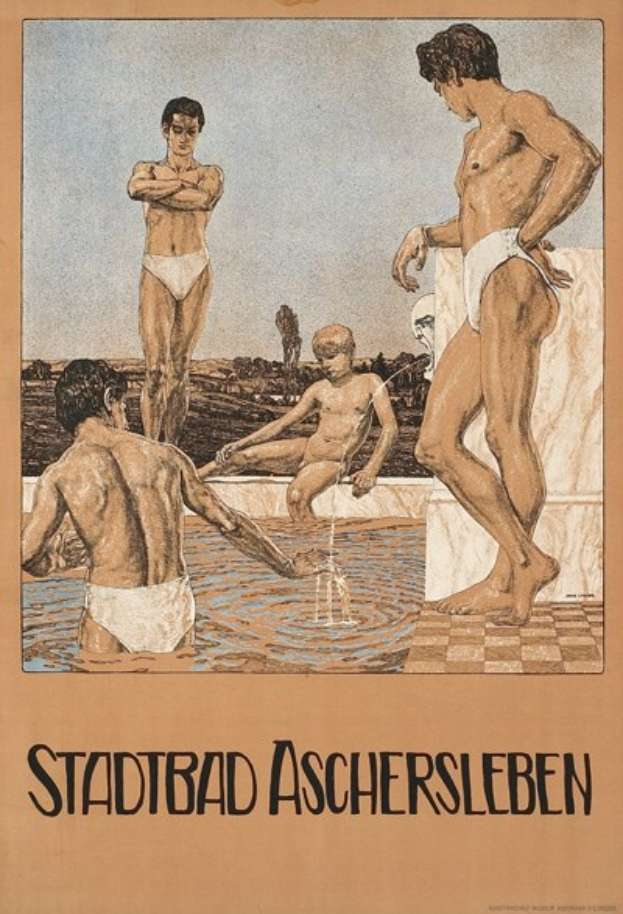 Plakat wirbt für ein Schwimmbad in Aschersleben, Deutschland, das Menschen im Wasser zeigt, darunter eine sitzende Person und Text mit Pool-Informationen.