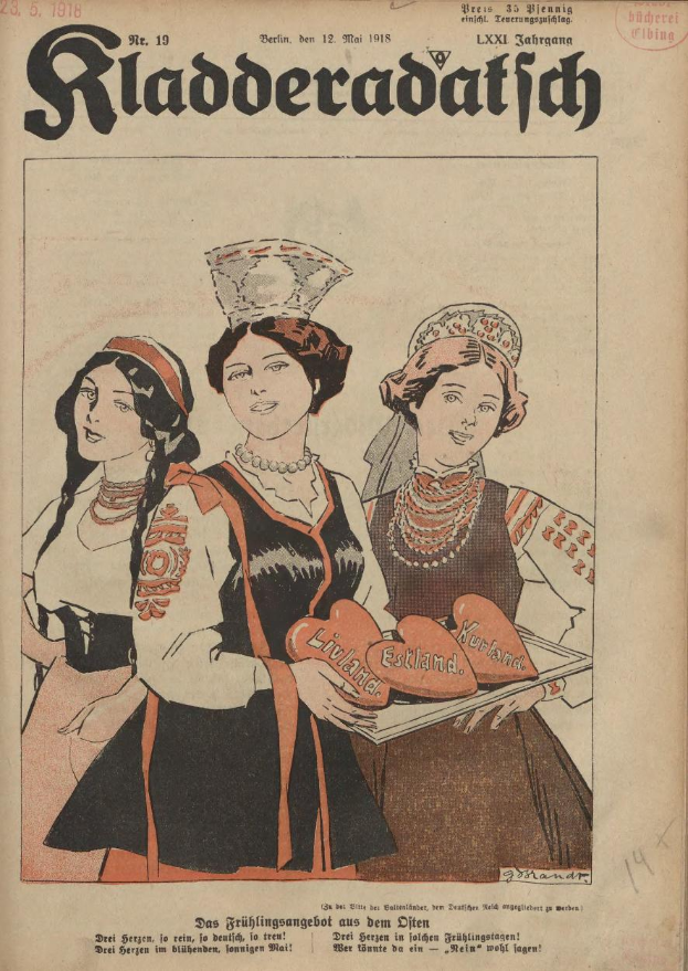 Ein altes Buchcover mit drei Frauen in traditioneller bayrischer Tracht, wobei eine ein herzförmiges Objekt auf einem Teller hält, betitelt mit "Riaderadatich, September 1918".