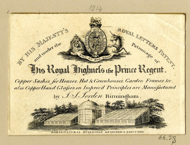 Alte Visitenkarte mit einem Gebäude, Bäumen, Text 'The Royal Highmills of the Prince Regent' und einem Logo.