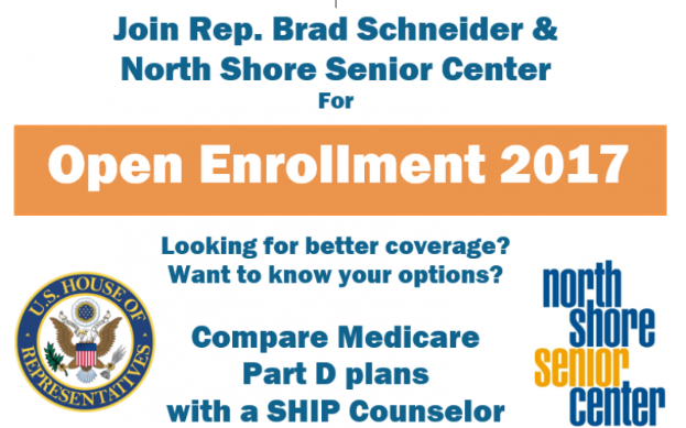 Ein Plakat mit dem Text 'Treten Sie Rep. Brad Schneider & North Shore Senior Center bei der Open Enrollment 2017 bei' und einem Logo.