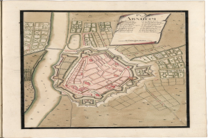 Altes Buch mit detaillierter Karte von Arnheim, Deutschland, mit sichtbaren Straßen, Gebäuden und Sehenswürdigkeiten, begleitet von Text mit zusätzlichen Informationen.