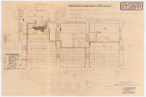 Schwarz-weißer Architekturentwurf des Rosenhof-Krankenhauses in Hamburg, Deutschland, der detaillierte Pläne mit zahlreichen Kabeln, Räumen, Fluren und anderen strukturellen Merkmalen zeigt.