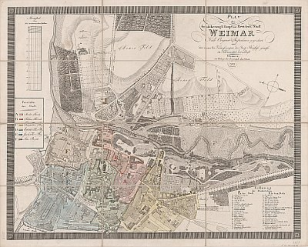 Ausführliche alte Karte von Weimar, Deutschland, zeigt Straßen, Gebäude und Sehenswürdigkeiten mit beschreibendem Text.