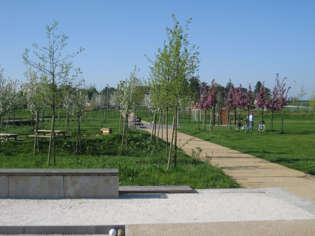 Parkweg schlängelt sich durch Bäume und Bänke mit Radfahrern, Gebäuden im Hintergrund, klarem blauen Himmel und saftigem Grün.