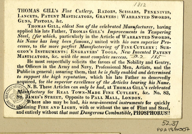 Papierdokument mit gedrucktem Text und einem Stempel mit der Aufschrift "Thomas Gill's Fine Cutlery, Razors, Scissor, Penknives, Lancets, Patent Masticators, Gravers, Warranty Swords, Guns, Pistols, etc."