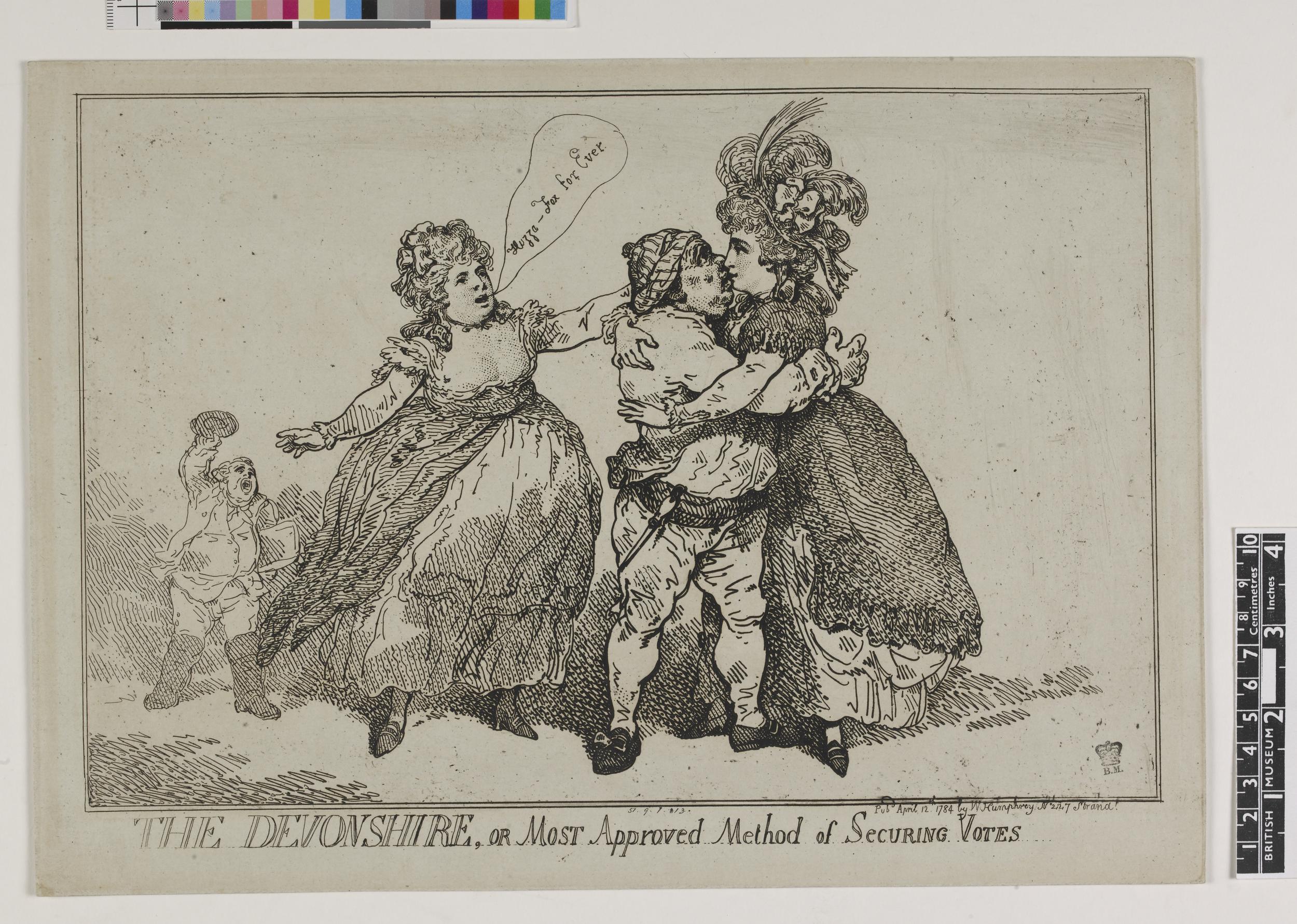 Ein Blatt Papier mit einer Zeichnung von drei Personen, zwei Frauen und einem Mann, und dem Text "The Devonshire, or Most Approved Method of Securing Votes", mit Farboptionen oben.