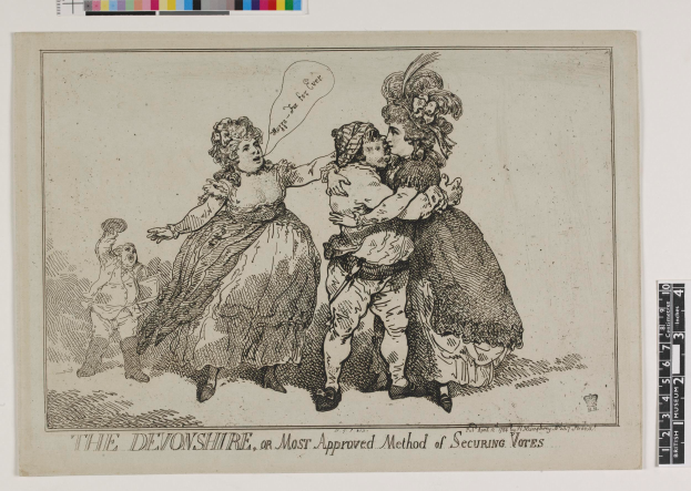 Ein Blatt Papier mit einer Zeichnung von drei Personen, zwei Frauen und einem Mann, und dem Text "The Devonshire, or Most Approved Method of Securing Votes", mit Farboptionen oben.