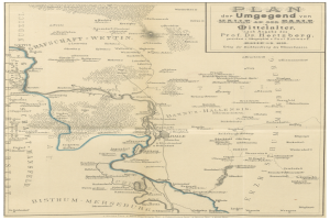 Eine 19. Jahrhundert-Karte des Deutschen Reichs, die den Rhein Fluss hervorhebt, mit beschreibendem Text auf dem Papier.