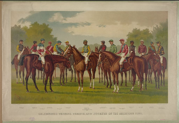 Gruppe von Menschen, die Pferde auf einer grünen Wiese mit Bäumen und einem blauen Himmel reiten, Text unten lautet "Feiernder Siegerpferde und Jockeys der amerikanischen Wiese".