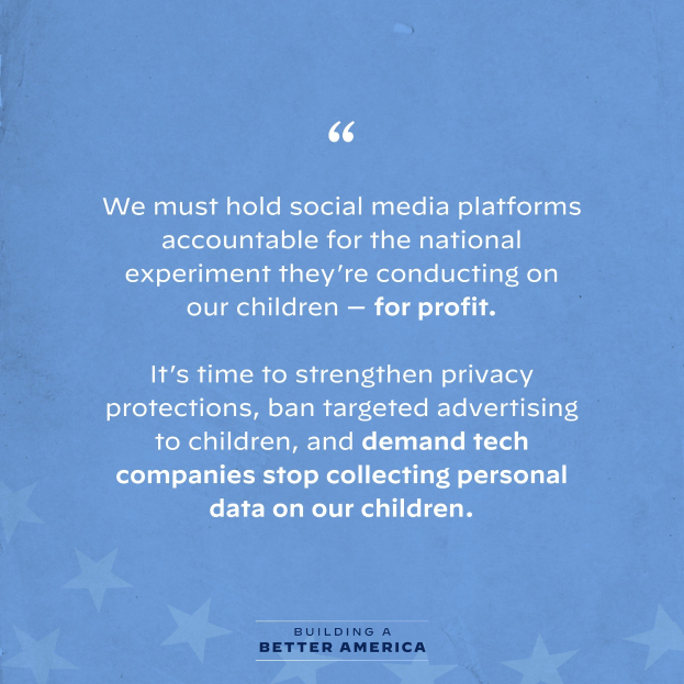 Plakat mit einem Zitat aus Building a Better America über die Verantwortung von Social-Media-Plattformen für ihre Auswirkungen auf Kinder, geschmückt mit Sternen.