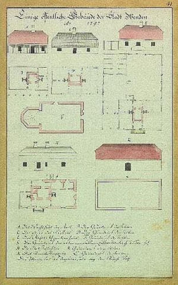 Ein detaillierter architektonischer Grundriss eines Hauses mit rotem Dach, beschriftet als Schloss Stiefen, ein deutsches Gefängnis aus dem Jahr 1797, zeigt Wände, Fenster, Türen und begleitende strukturelle Beschreibungen.