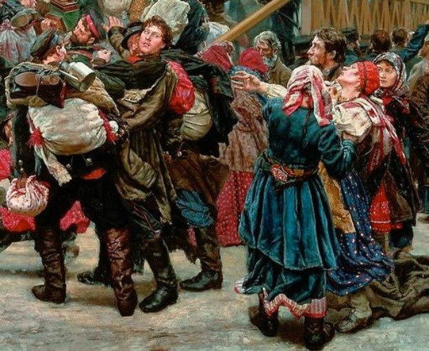 Ein Bild, das eine Gruppe von Menschen zeigt, die vor einer Menge tanzen, einige halten Gegenst├Ąnde, mit einem h├Âlzernen Haus im Hintergrund, das w├Ąhrend der russischen Revolution spielt und traditionelle russische Kleidung zeigt.