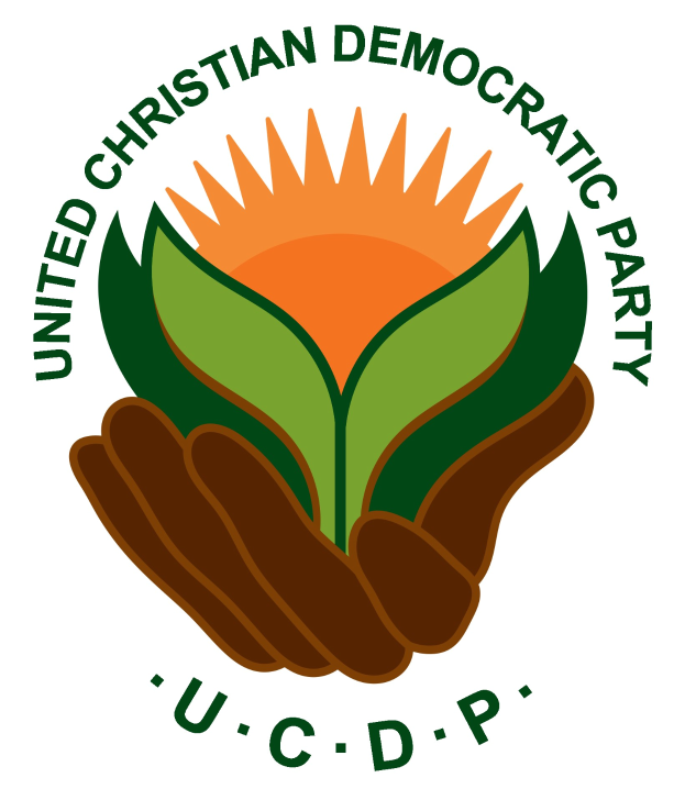 Logo der Vereinigte Christdemokratische Partei (UCDP) mit einer Hand, die eine leuchtend gelbe Blume mit grünem Stiel und Blättern hält, vor einem weißen Hintergrund mit einem blauen und gelben Kreis in der Mitte; der Text 'UCDP' ist in fetter schwarzer Schrift darunter geschrieben.