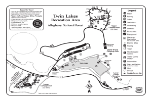 Detailierte Karte des Twin Lakes Freizeitgeländes mit Wanderwegen, Sehenswürdigkeiten und Wegbeschaffenheiten mit Textbeschriftungen.