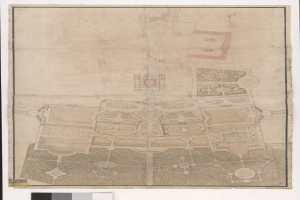 Ein detaillierter Stadtplanentwurf mit zahlreichen Gebäuden, darunter ein prägnantes zentrales Gebäude und begleitenden Text.